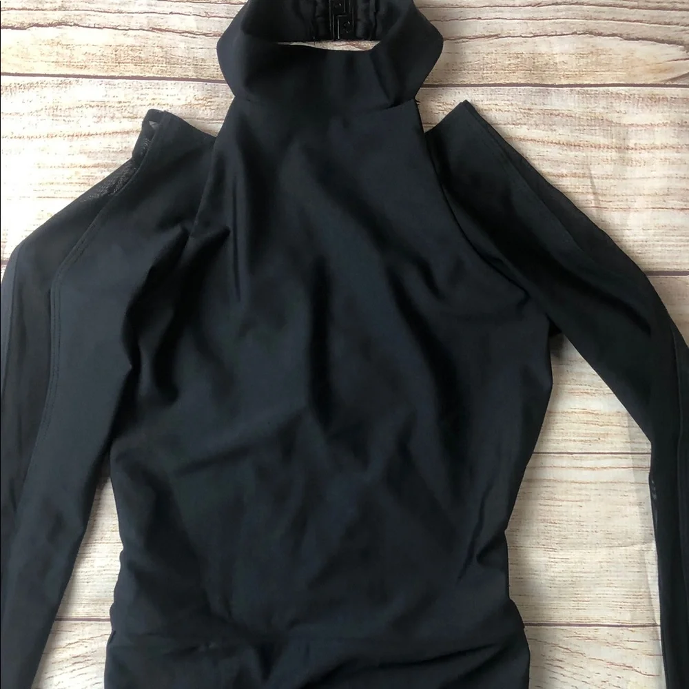 Black Cold-Shoulder‎ Mesh Long Sleeve Dance Leotard with High Neck